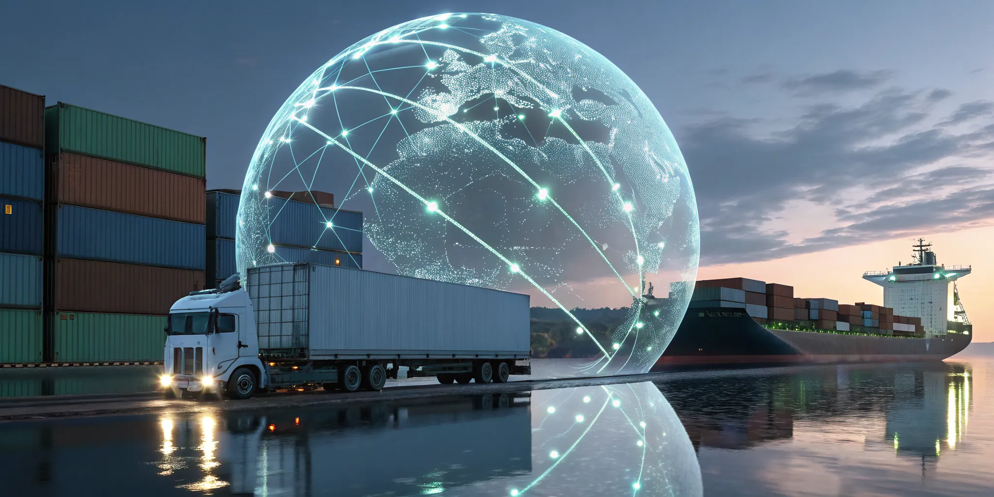 A truck and cargo ship moving containers for cross border logistics companies on a digital globe.