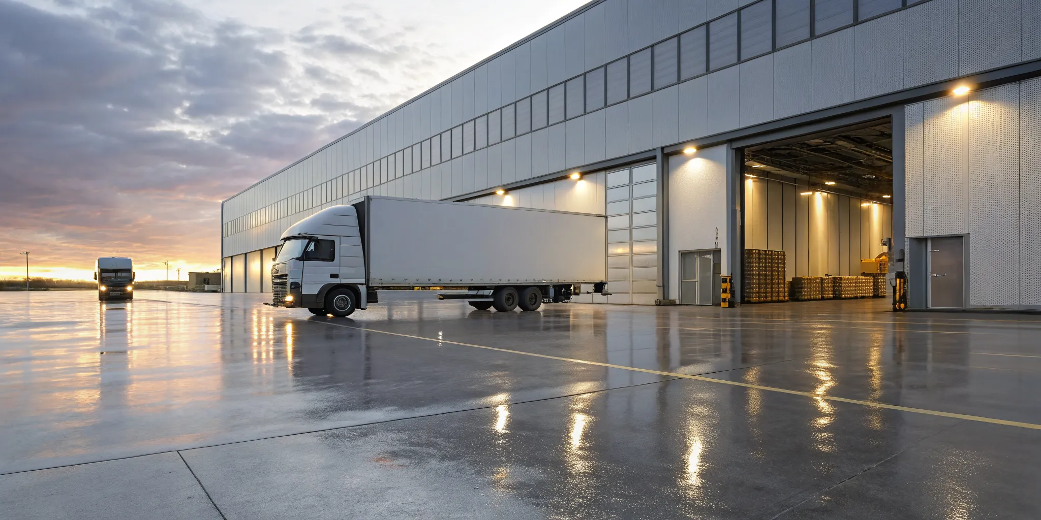 An expedited shipping company truck being loaded at a warehouse dock.
