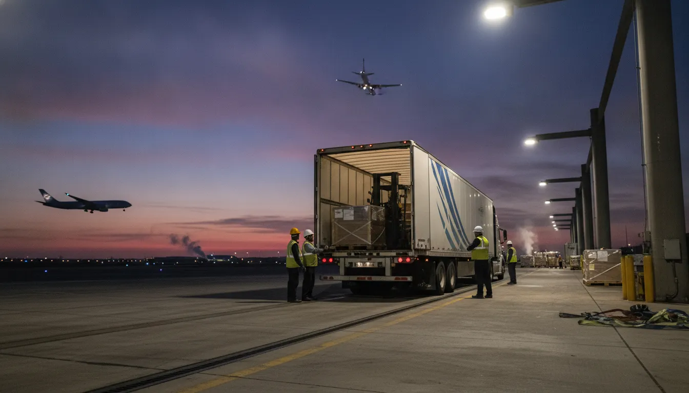 Expedited shipping truck arriving at a loading dock before dawn