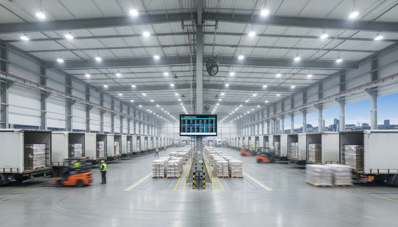 A modern logistics cross-dock terminal with trucks loading palletized freight, bright lighting, realistic photography style