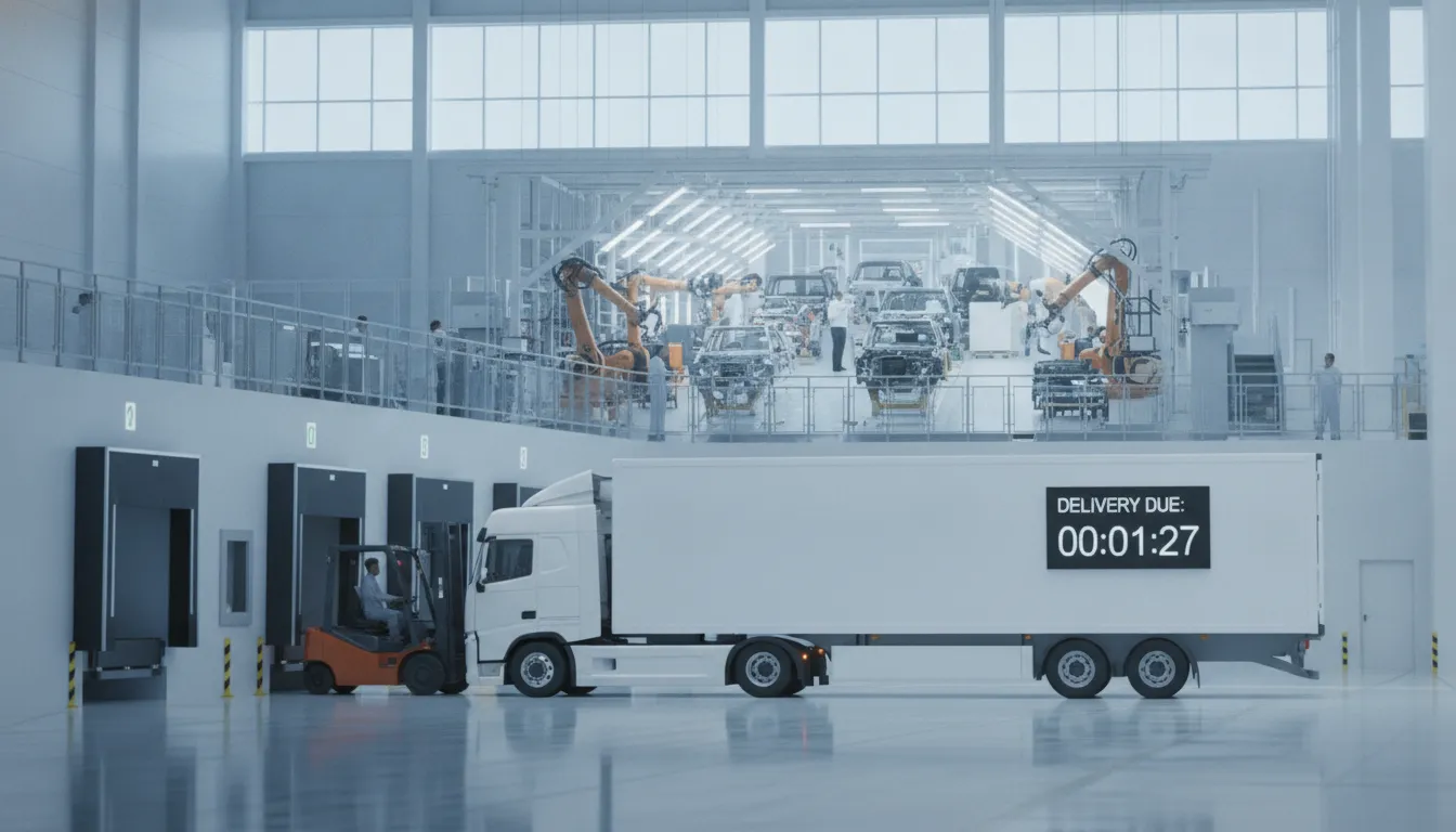 Truck arriving for just in time delivery at a manufacturing facility