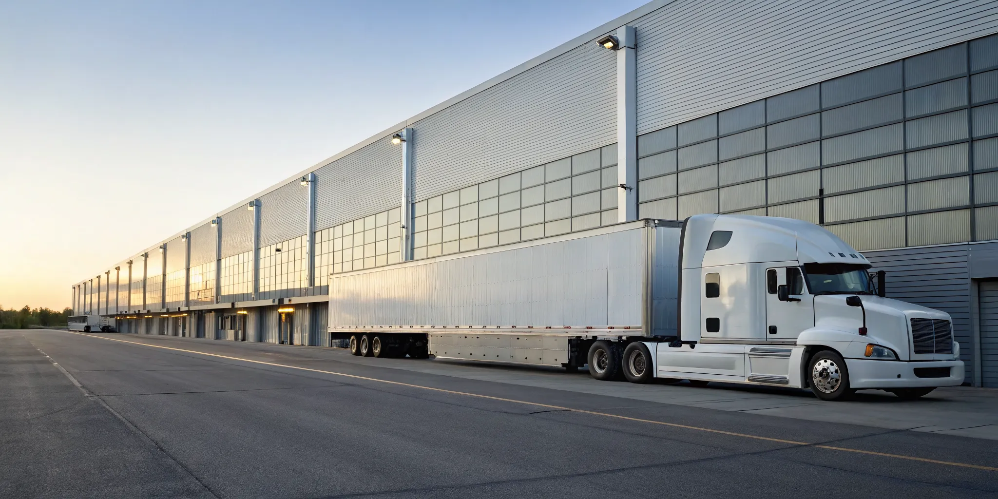 A semi-truck from a trucking company at a warehouse loading dock for freight shipping.