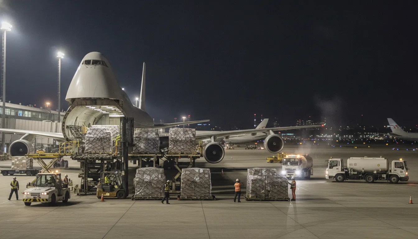 Cargo aircraft being loaded with freight pallets on an illuminated tarmac at night