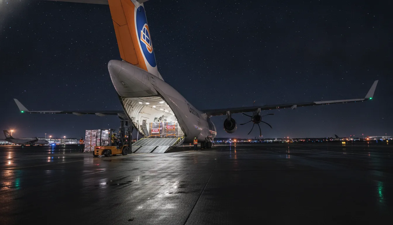 A professional cargo airplane being loaded with urgent freight boxes on a runway at night.