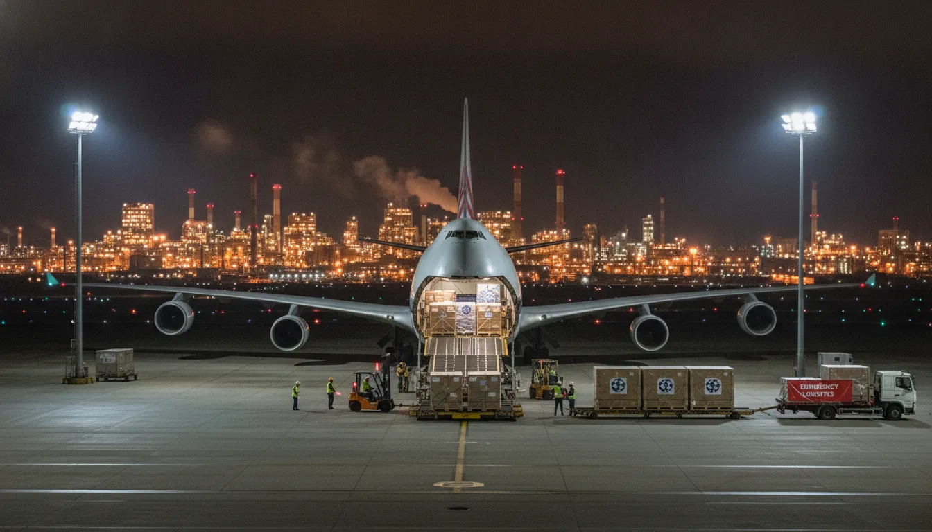 Cargo aircraft being loaded with automotive parts near an industrial facility
