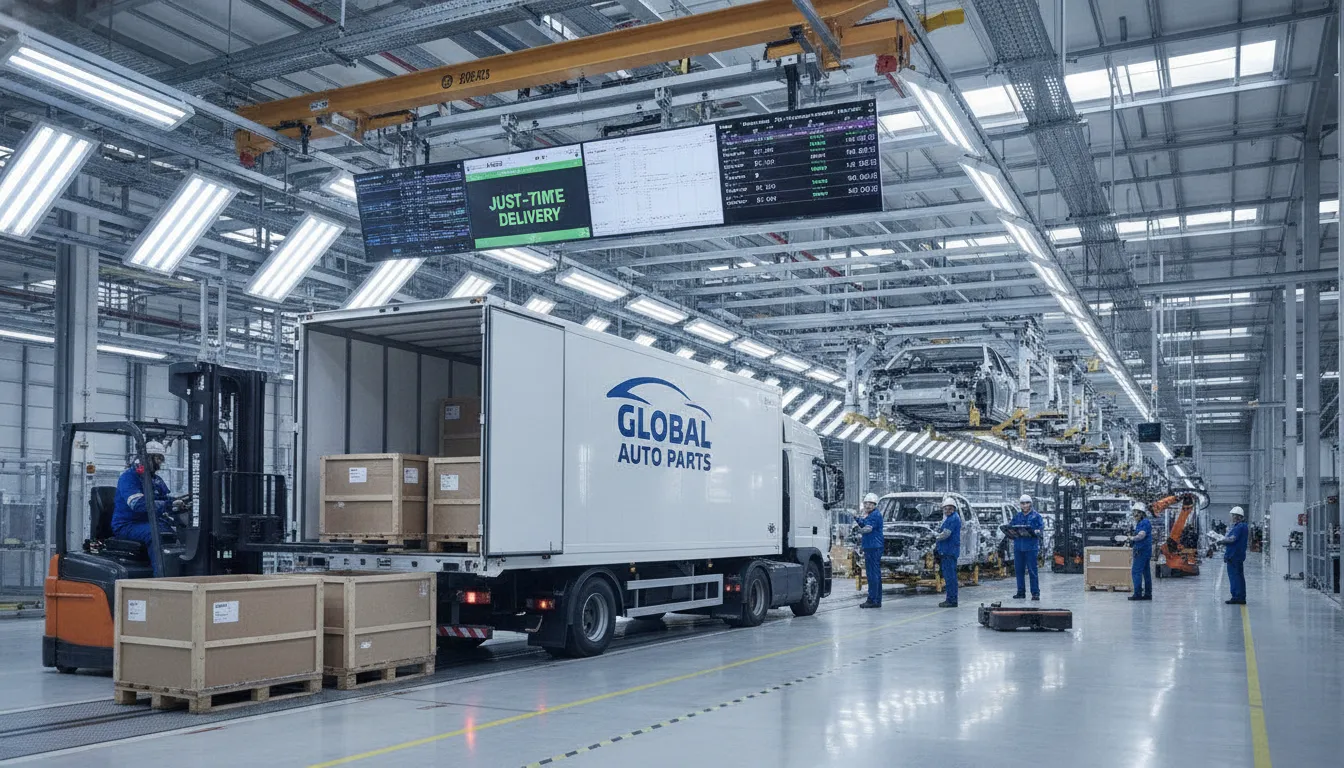 Automotive logistics truck delivering parts to a modern assembly line