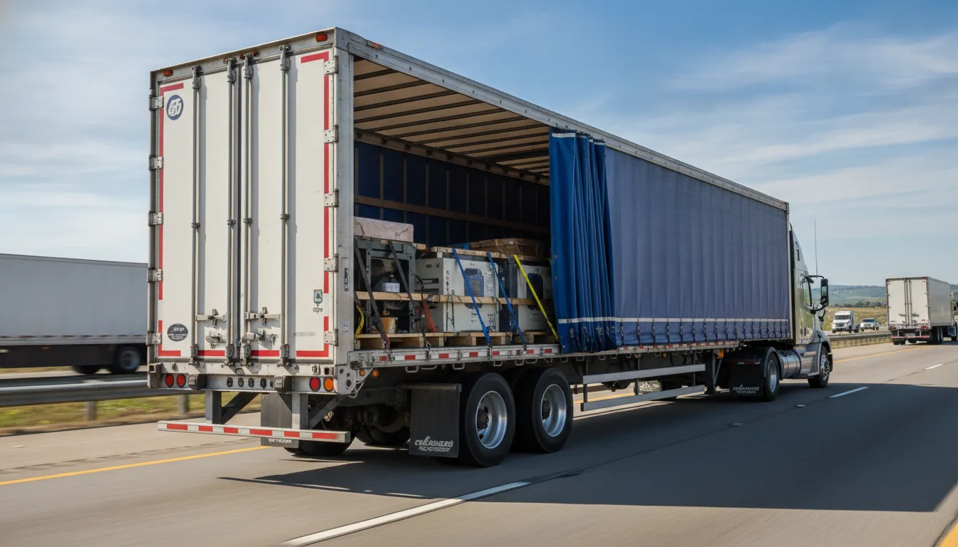 Conestoga trailer on highway with retractable curtain system protecting flatbed cargo