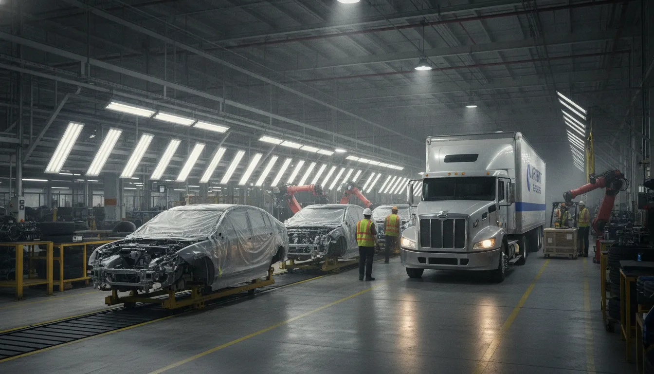 Expedited freight truck arriving at a manufacturing facility to prevent production downtime