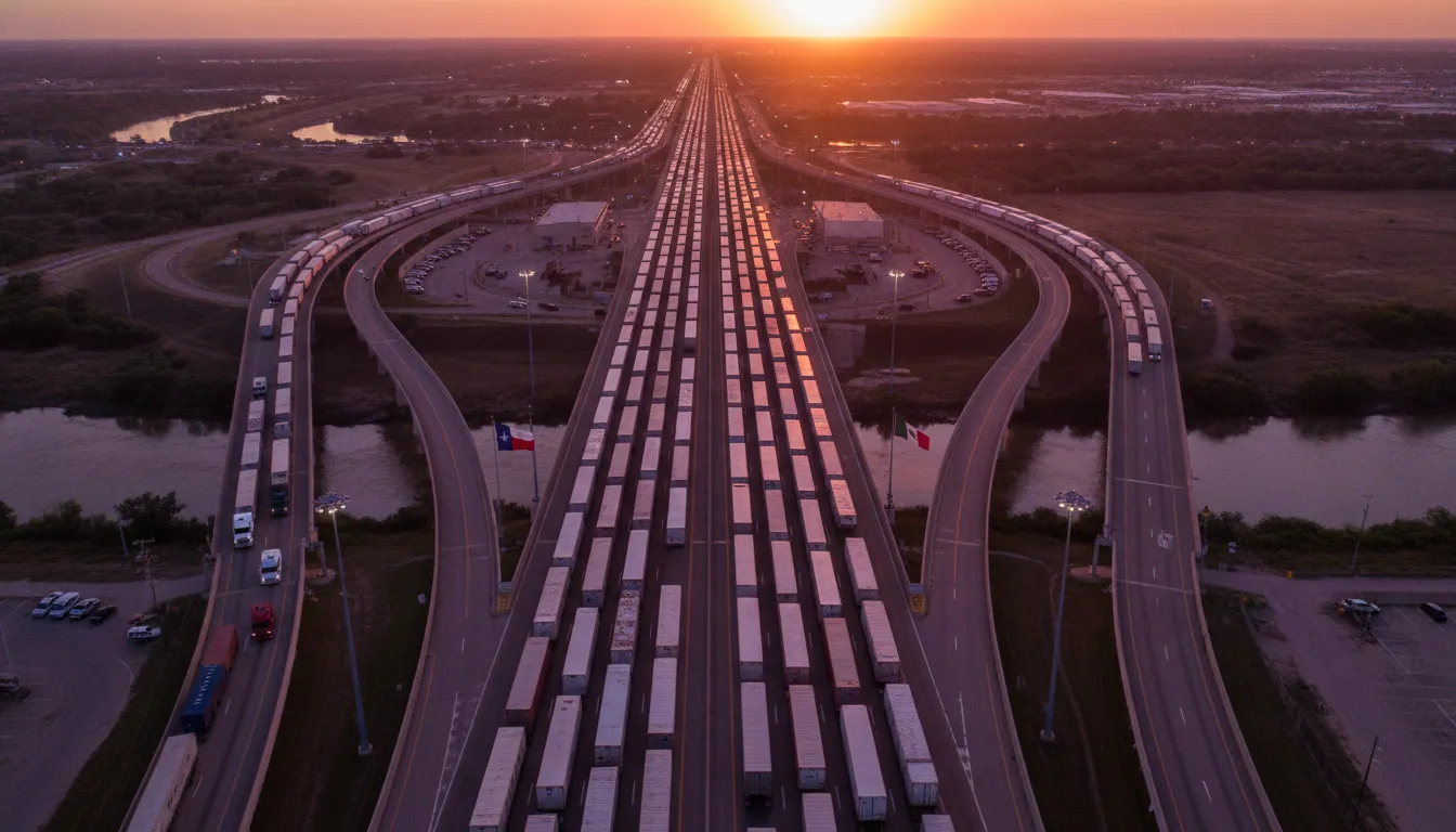 Semi-trucks crossing the US-Mexico border at the Laredo World Trade Bridge at sunset