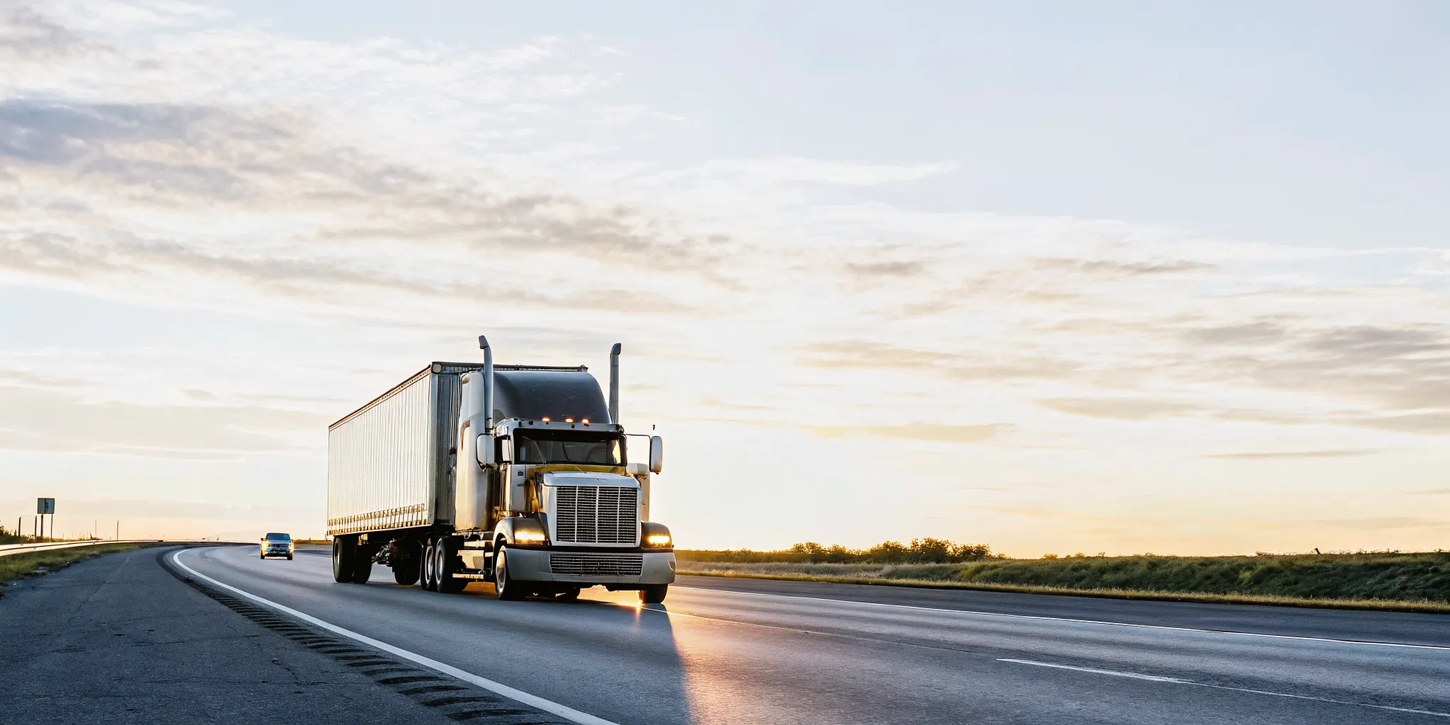 Heavy-duty freight truck driving on highway at sunset, professional logistics photography