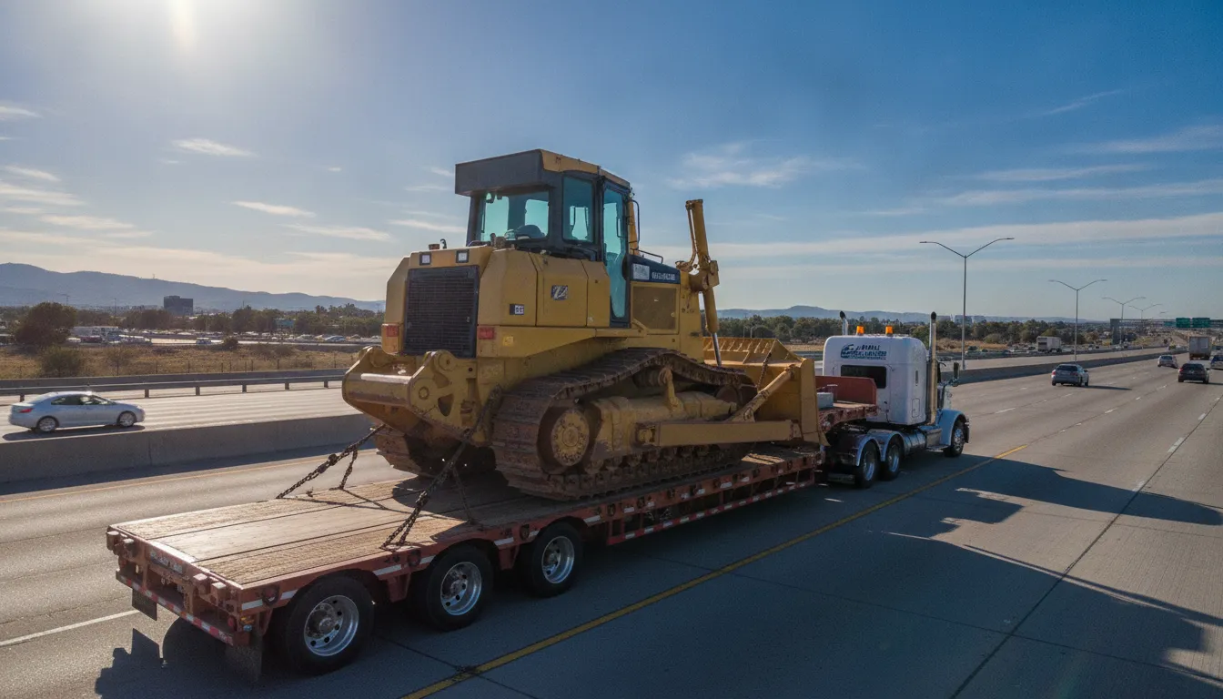 Flatbed truck hauling oversized heavy construction equipment on a highway