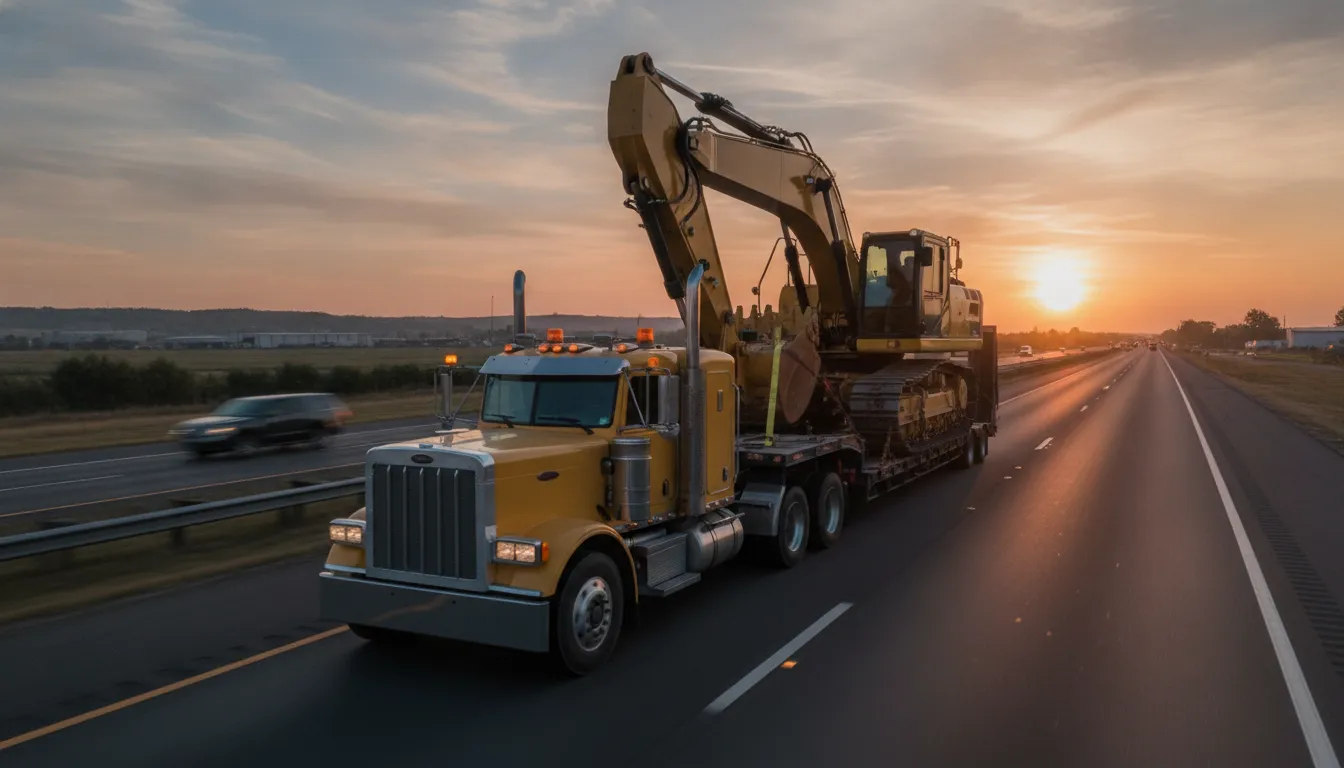 Flatbed truck hauling heavy excavator on highway at sunrise