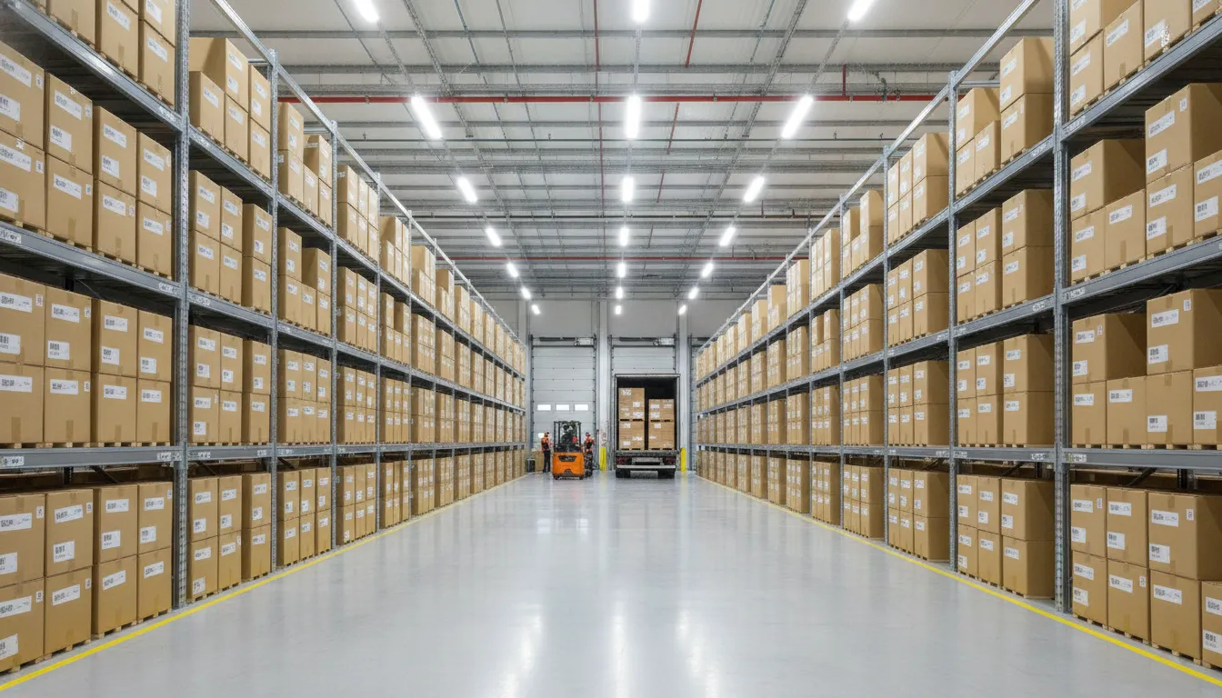 Modern logistics warehouse with organized inventory shelving and a truck at the loading dock