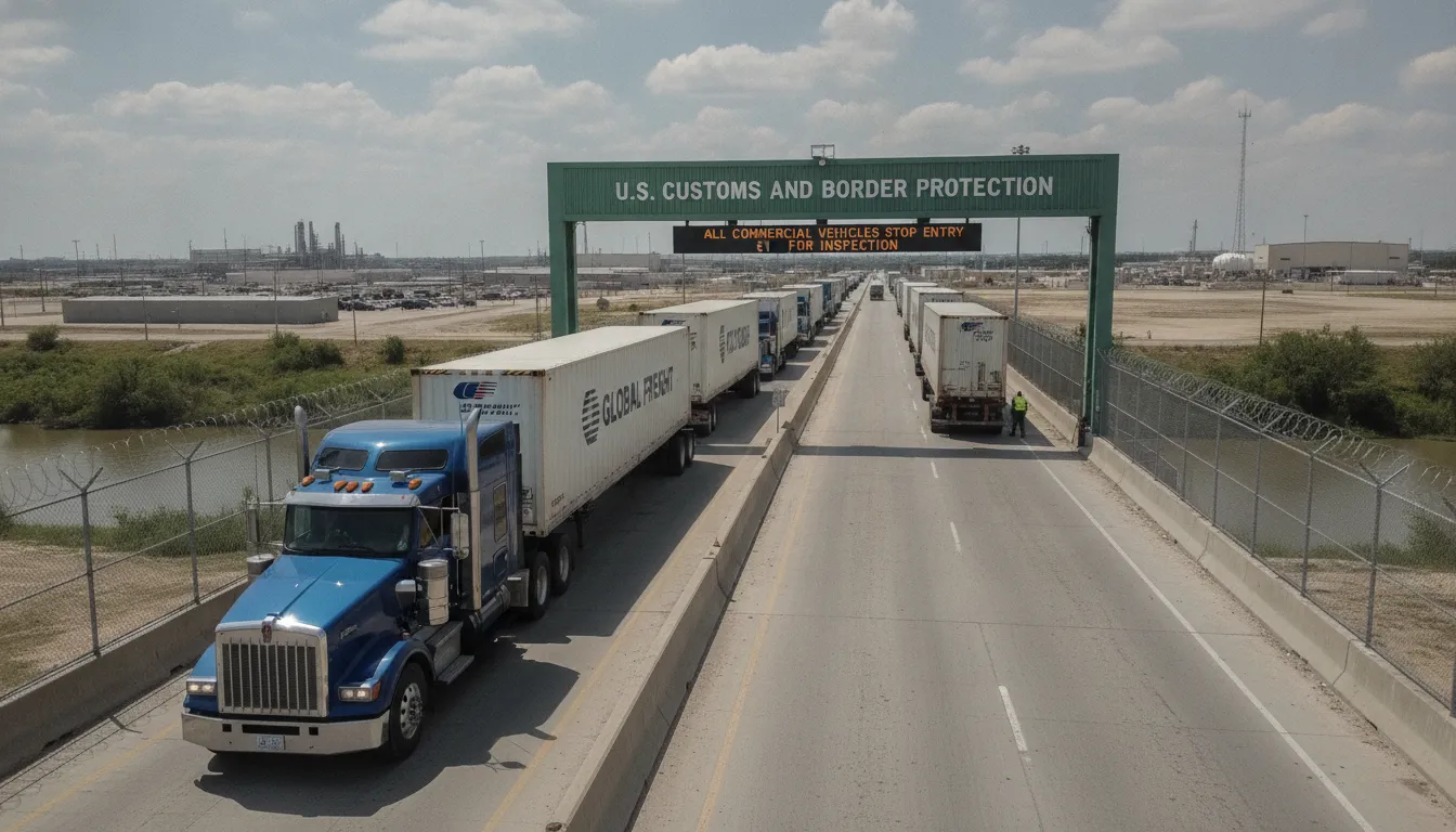 Semi-truck at US-Mexico border crossing for cross border logistics operations