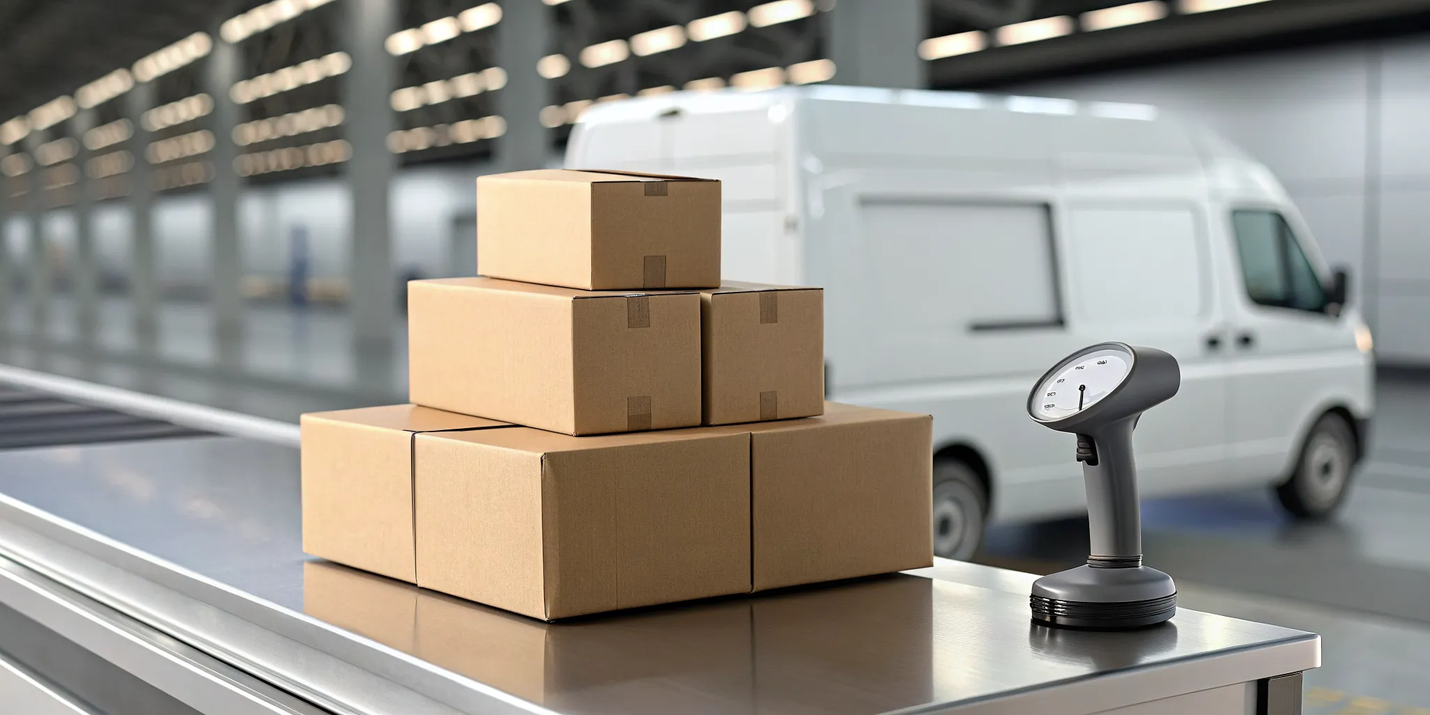 Packages being scanned for overnight shipping with a delivery van waiting.