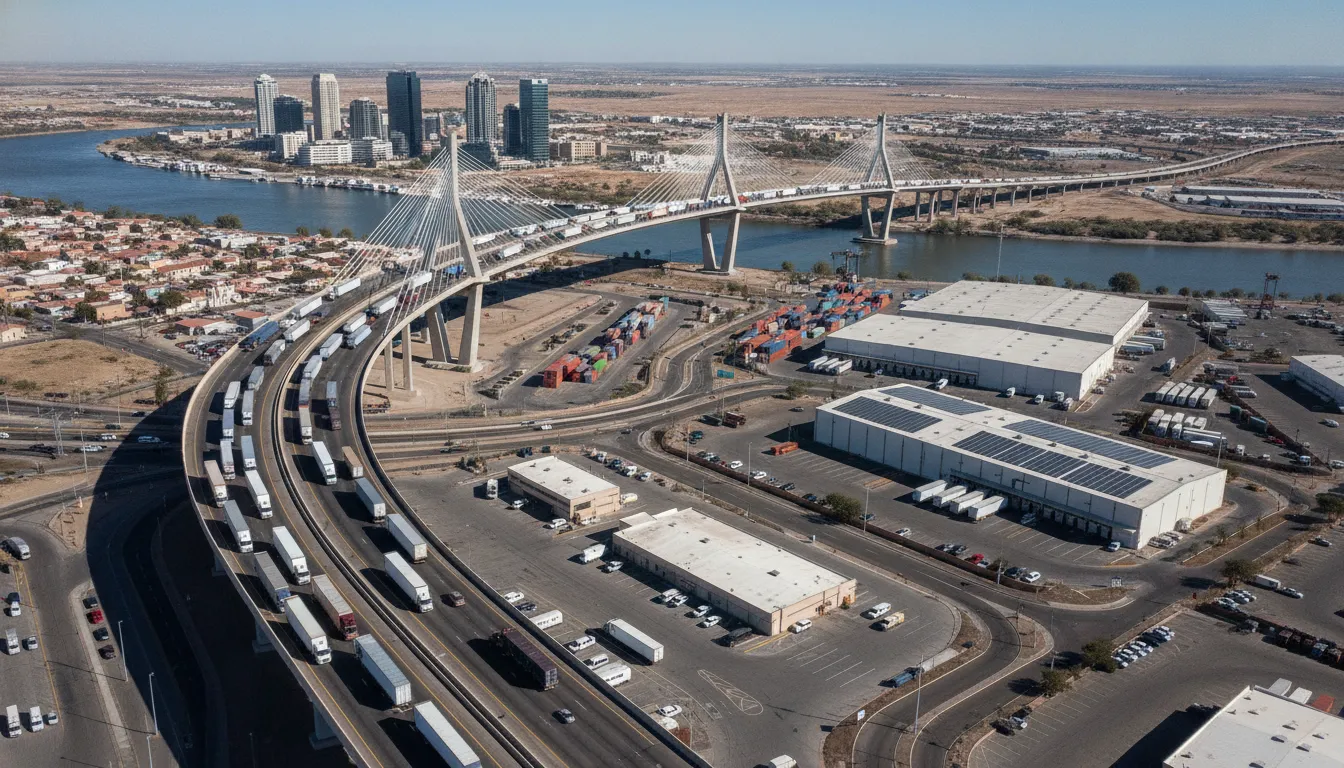 Cargo trucks crossing a US-Mexico border checkpoint bridge