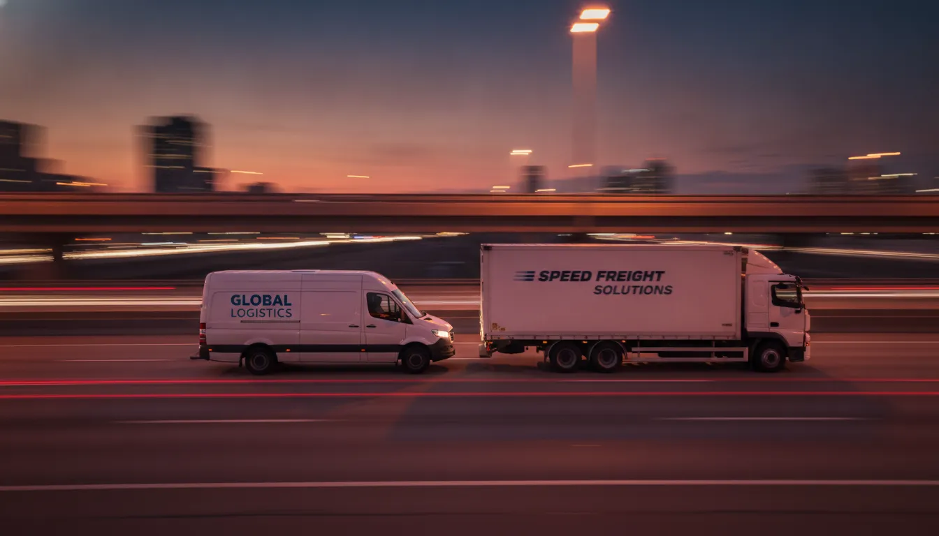 A professional Sprinter van and a straight truck driving fast on a highway at dusk
