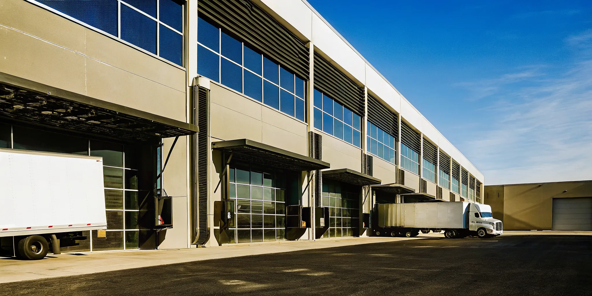 Modern logistics warehouse facility with semi-trucks at loading docks