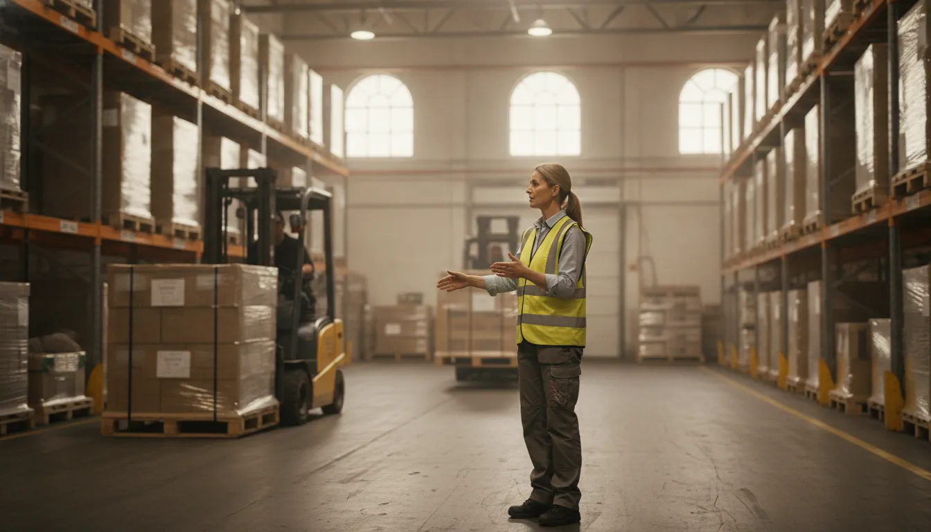 Logistics manager directing freight movement in a busy distribution warehouse