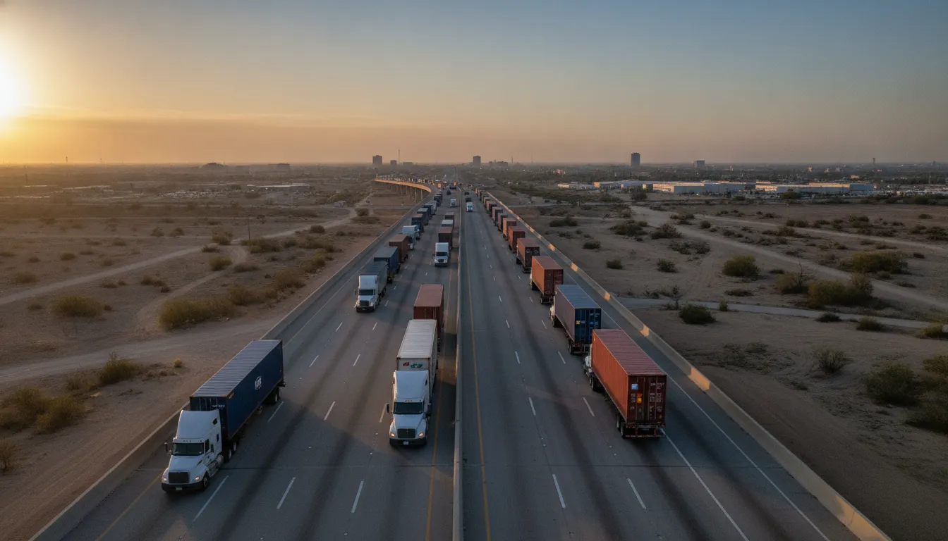 Tractor trailers crossing a US-Mexico border bridge, representing cross-border freight logistics