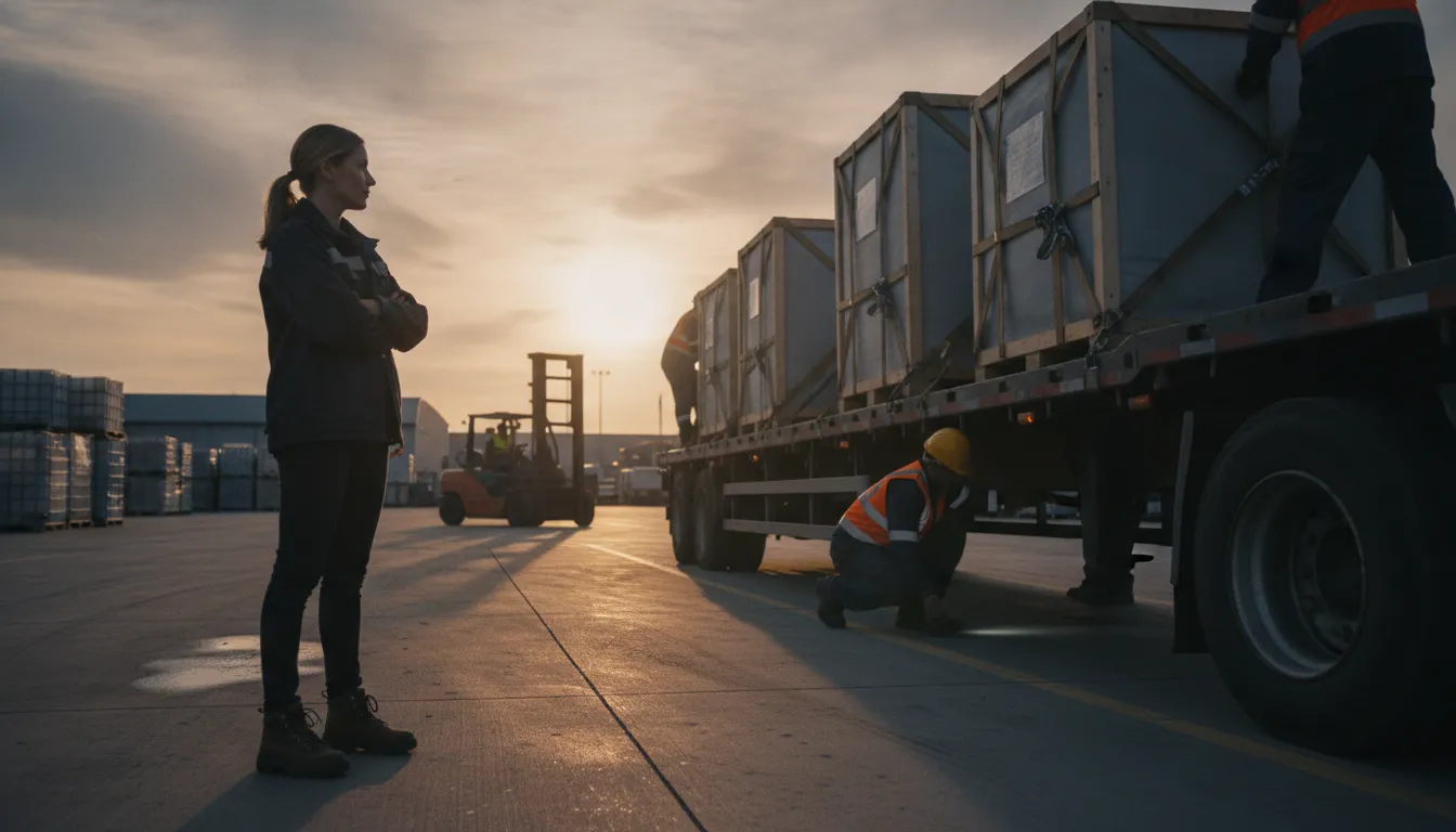 Logistics manager overseeing a freight truck being loaded at a distribution dock at dusk