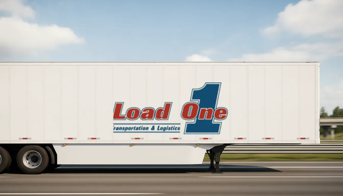 White Load One tractor-trailer with the Load One logo on the trailer side moving same day freight on an open highway under a bright blue sky
