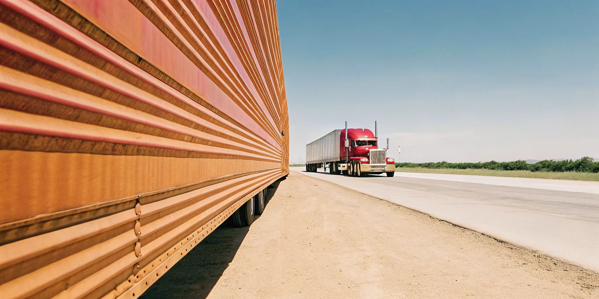 Heavy-duty tractor-trailer truck on a highway near the US-Mexico border with blue sky