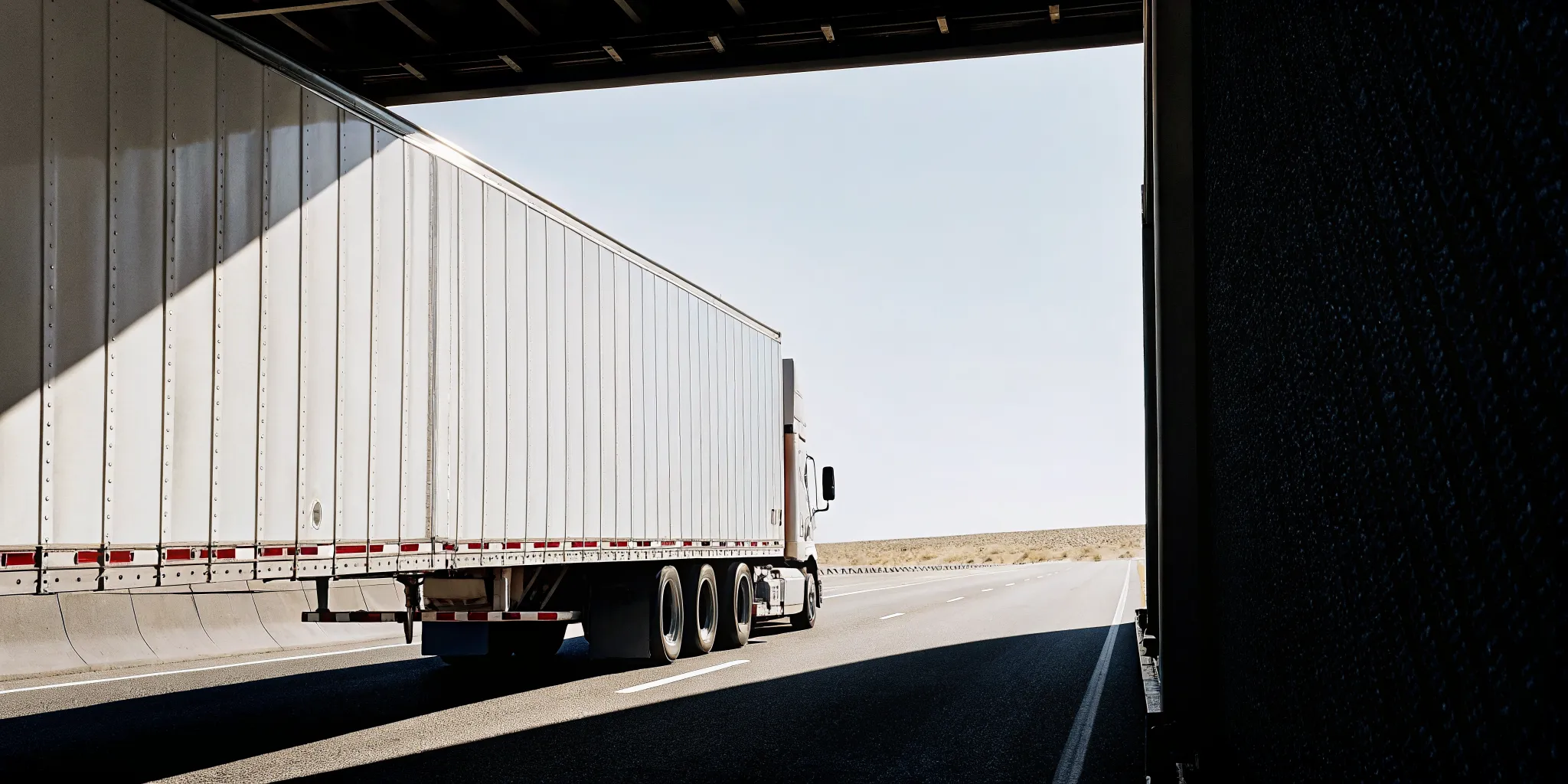 Semi-truck on highway under blue sky approaching a border crossing, professional logistics photography