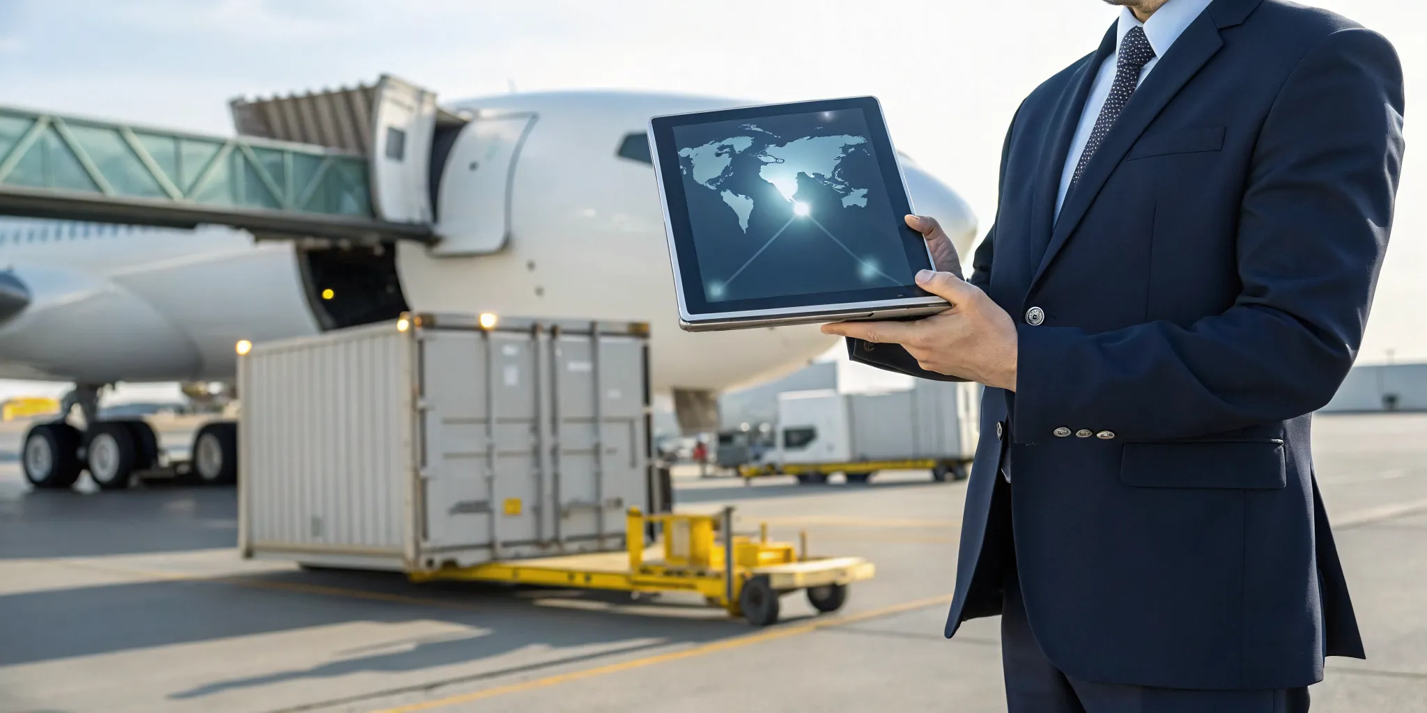 Logistics professional using a tablet for real-time air cargo tracking at an airport.