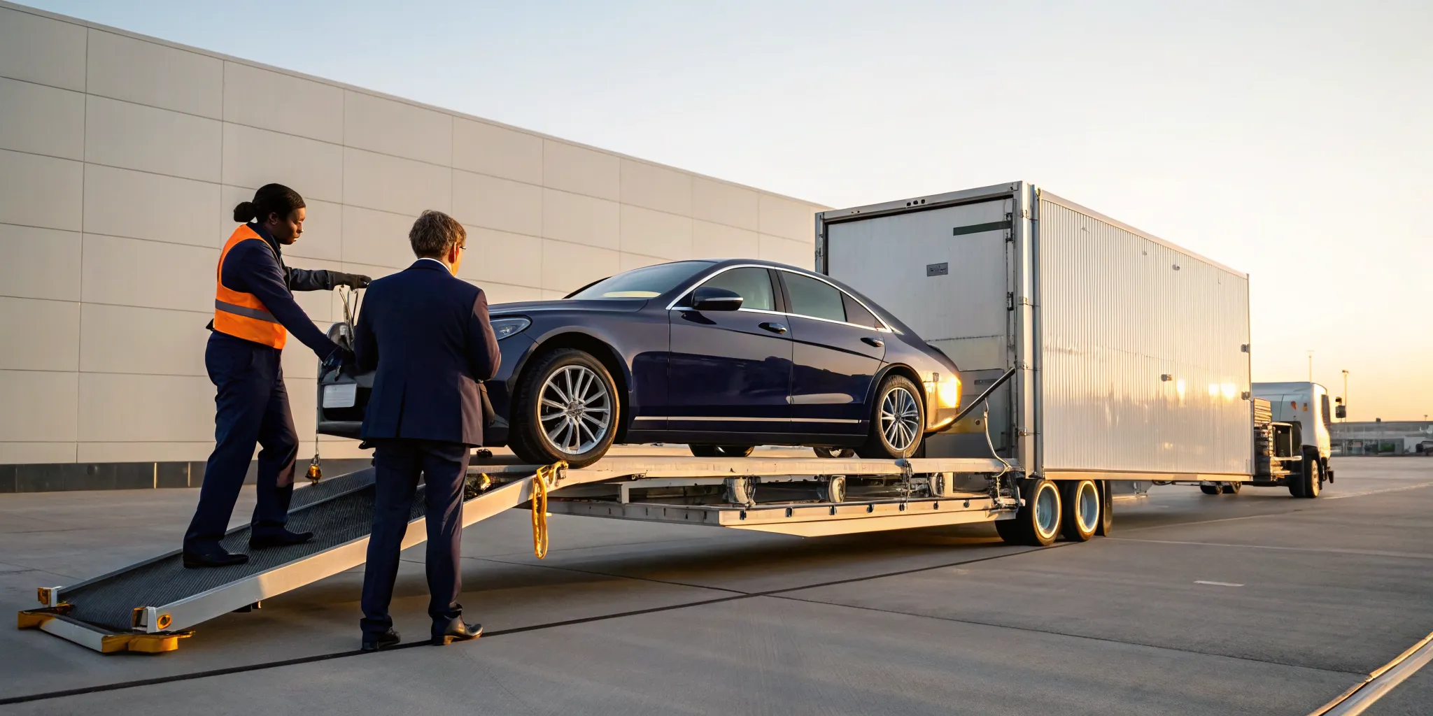 A car shipping company carefully loads a luxury sedan into an enclosed transport trailer.