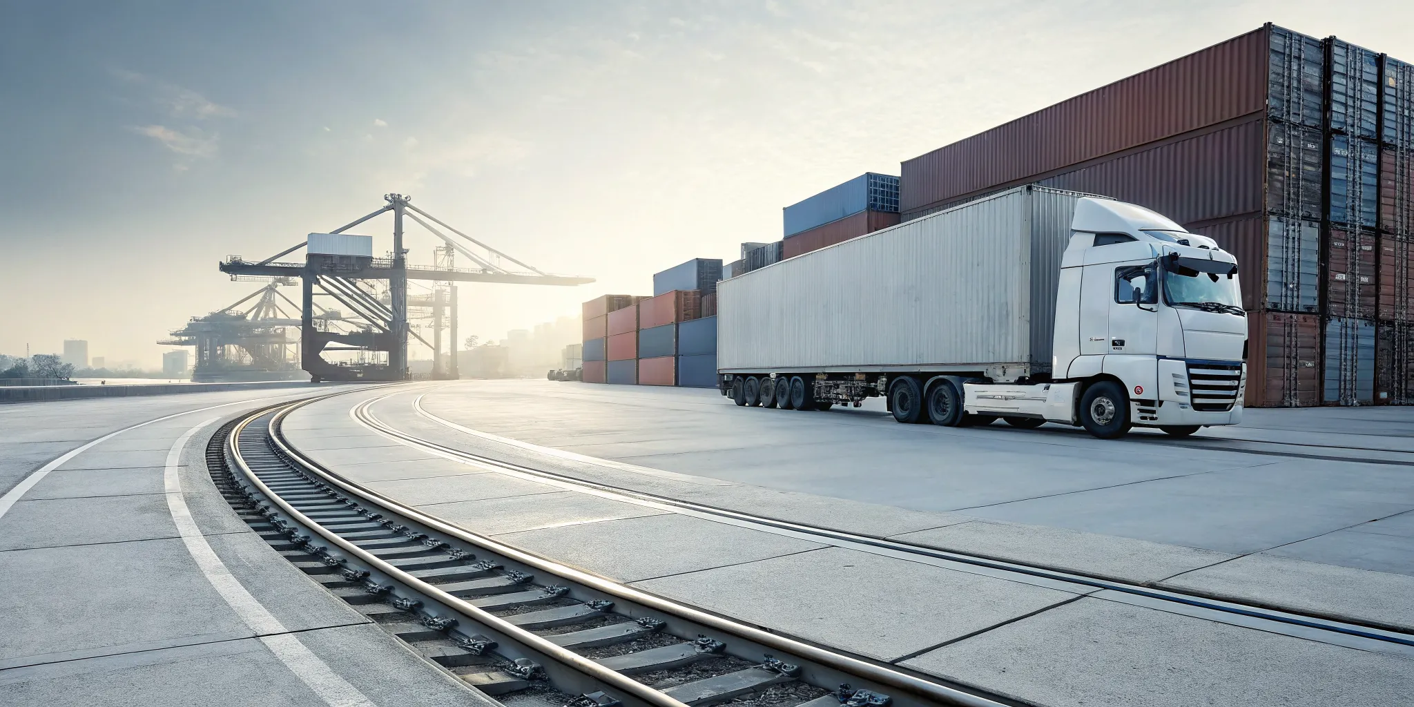 Freight truck at a port with cargo containers and rail tracks for intermodal shipping.