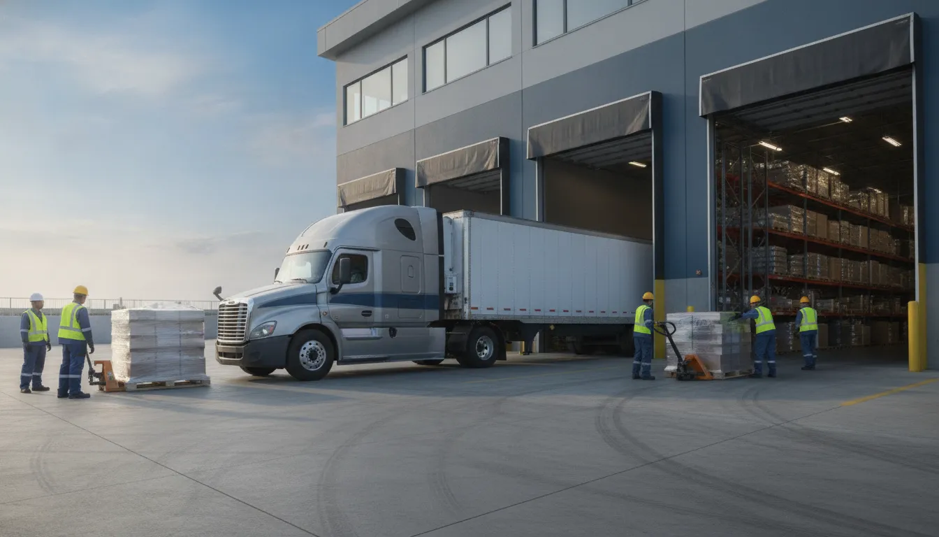 Distribution warehouse loading dock with a heavy-duty truck