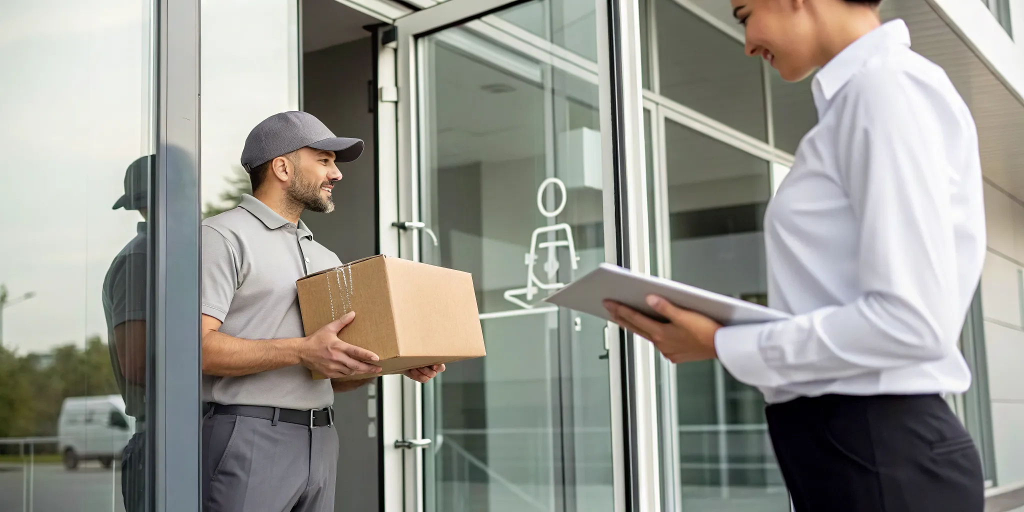 A courier makes a same-day delivery of a package to a business customer.